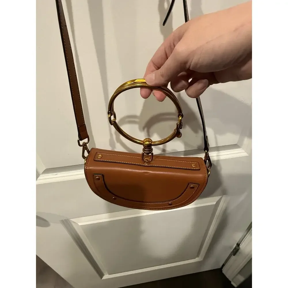 Brown Faux Leather Half Moon Crossbody Bag Gold Ring Handle Purse - Picture 5 of 8